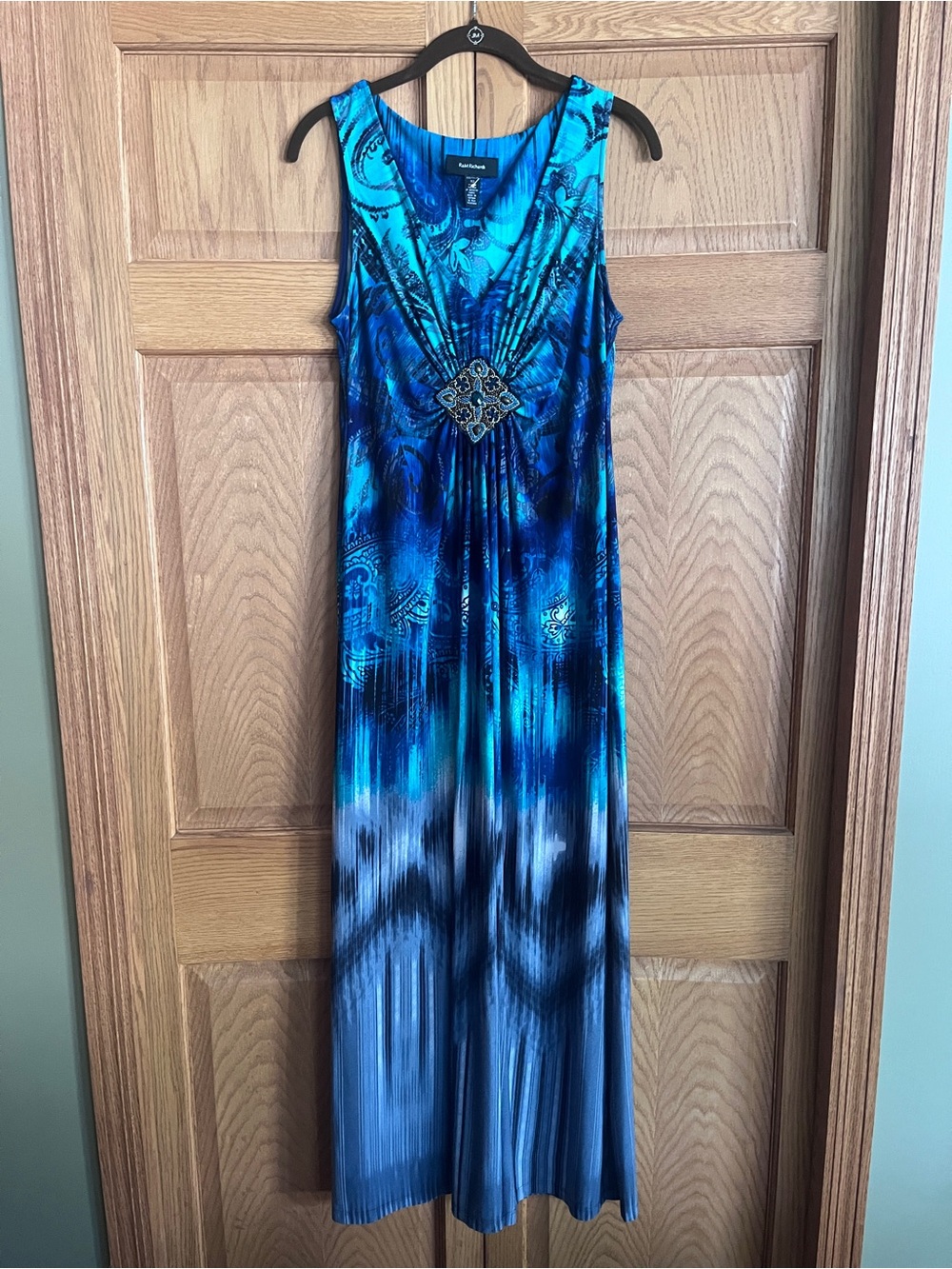 R&M Richards Sleeveless Teal and Blue Ombre Maxi Dress with Decorative Medallion